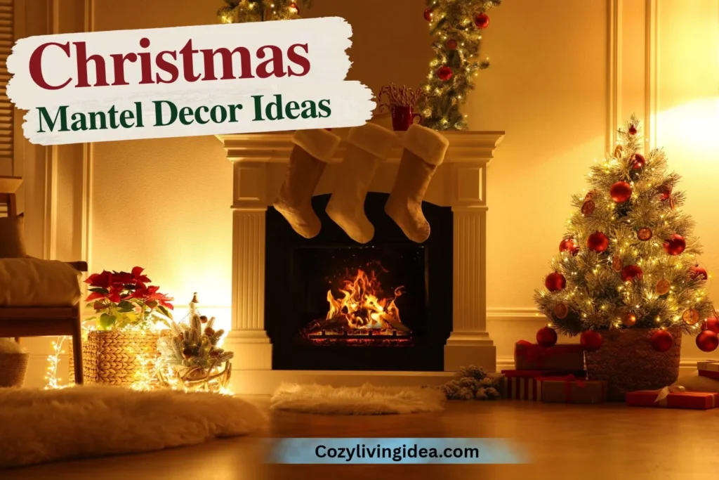 Christmas living room mantel decor with three hanging stockings, a glowing fireplace, warm lights and a small decorated Christmas tree