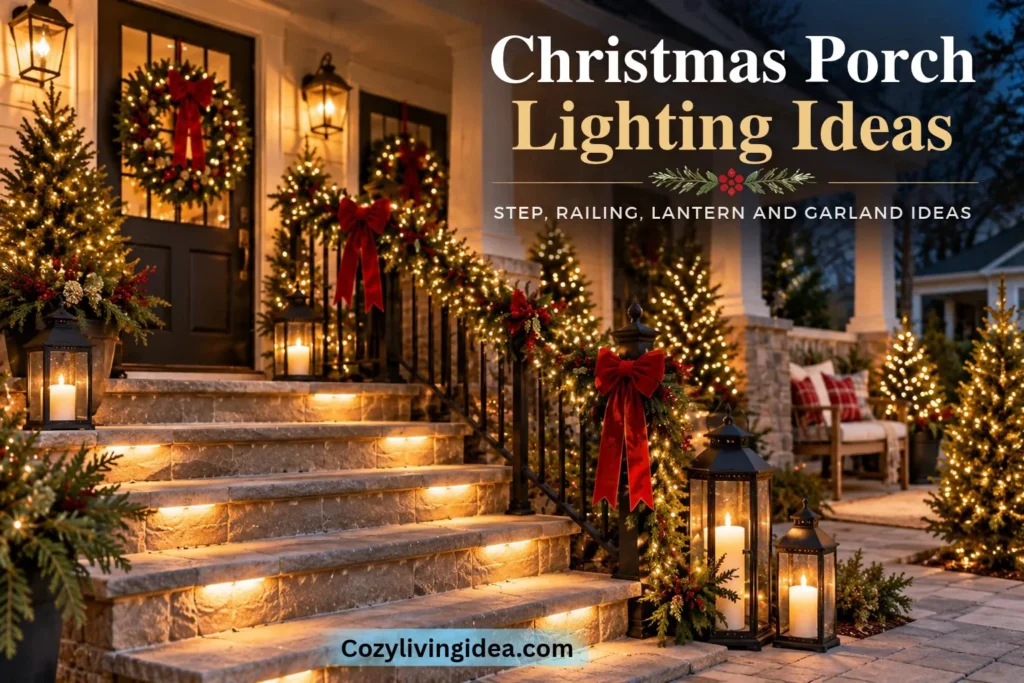Christmas porch lighting ideas with warm white lights on steps, railing garland, lanterns and mini trees
