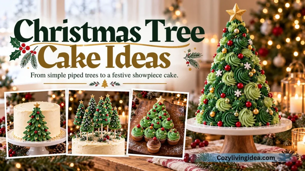 Christmas tree cake decorating ideas featuring a tall green buttercream tree cake, a white cake with a piped Christmas tree, miniature frosting trees, and Christmas tree cupcakes