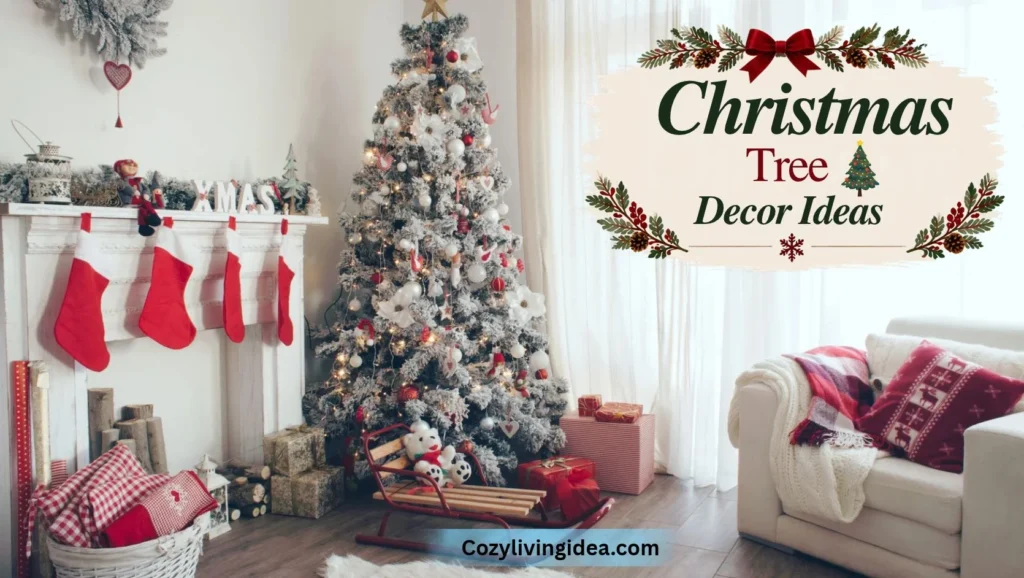 Cozy Christmas living room featuring a flocked Christmas tree with red and white ornaments, fireplace stockings, wrapped gifts, and a festive sofa