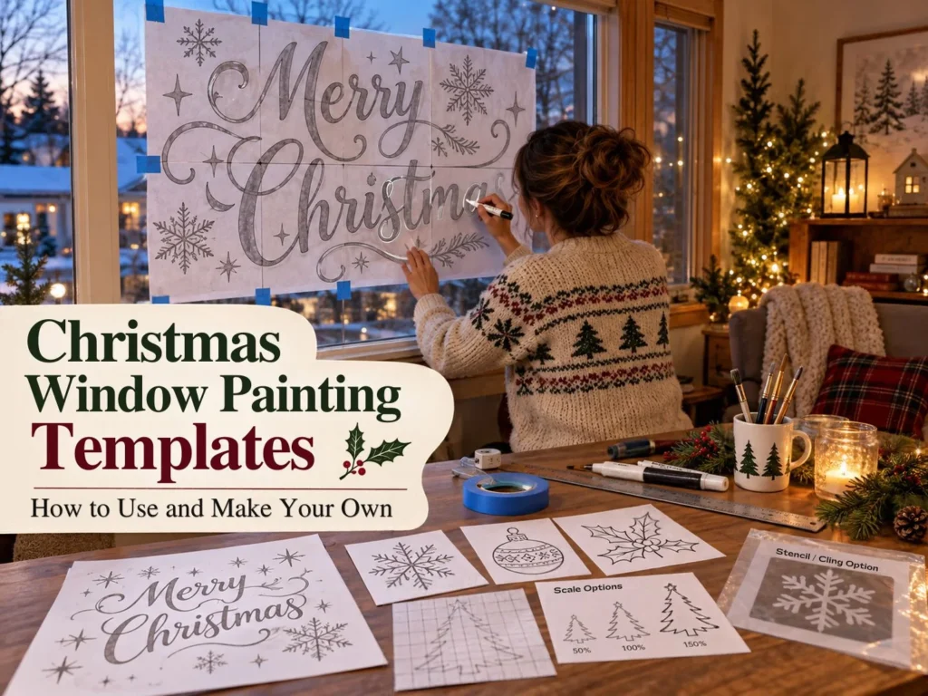 Woman tracing Merry Christmas lettering onto glass using a taped window painting template, with snowflake designs and markers nearby.