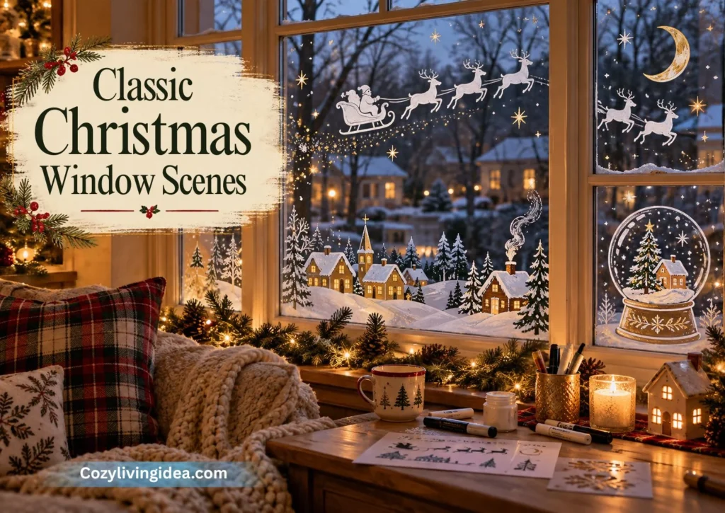 Classic Christmas window scenes with Santa’s sleigh, reindeer, a snowy village, crescent moon, and a painted snow globe on window glass