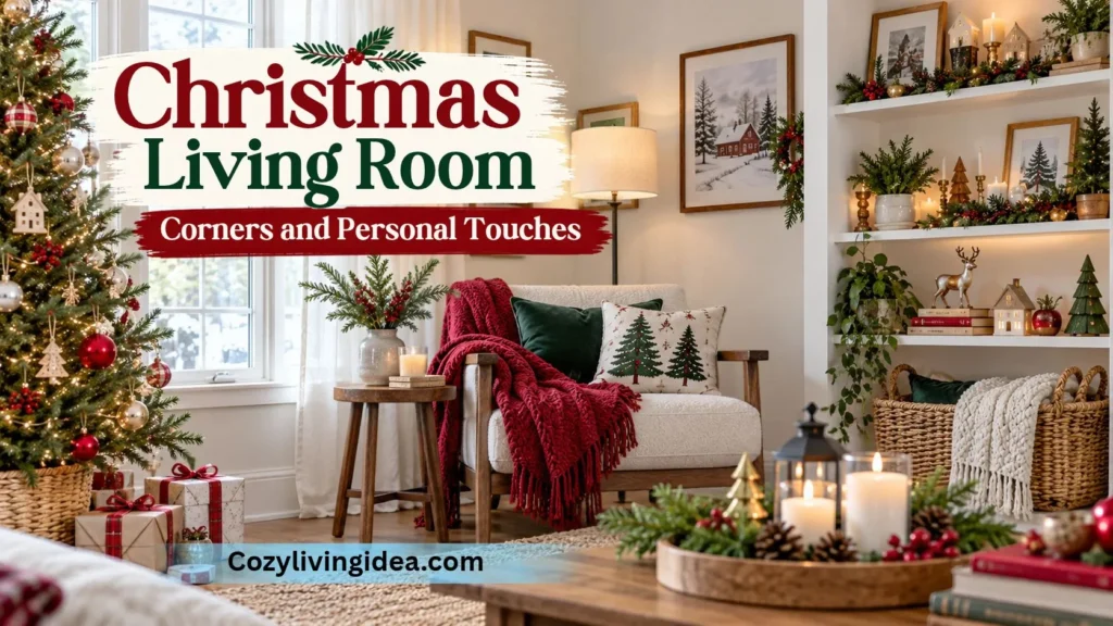Cozy Christmas living room reading corner with a festive armchair, red knit throw, warm lighting, decorated tree and Christmas shelf decor