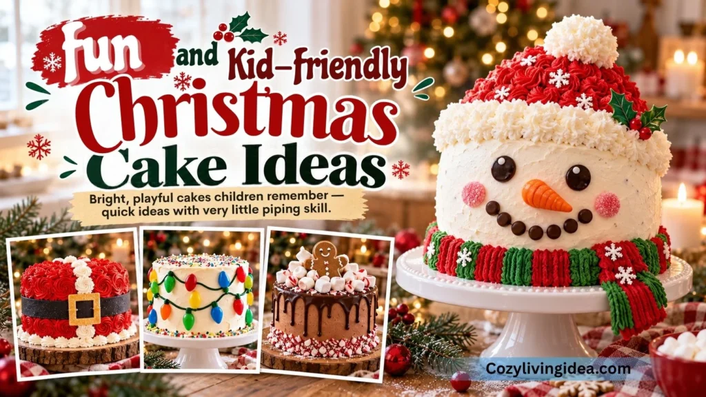 Fun Christmas cake decorating ideas for kids featuring a snowman cake, red Santa belt cake, colorful Christmas lights cake, and chocolate drip cake with gingerbread decorations