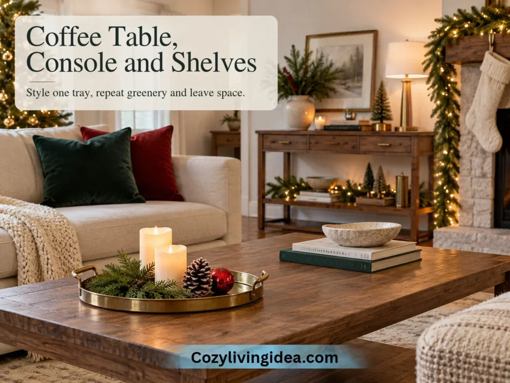 Cozy Christmas living room with a wooden coffee table decorated with candles, greenery and ornaments, plus a console with miniature Christmas trees