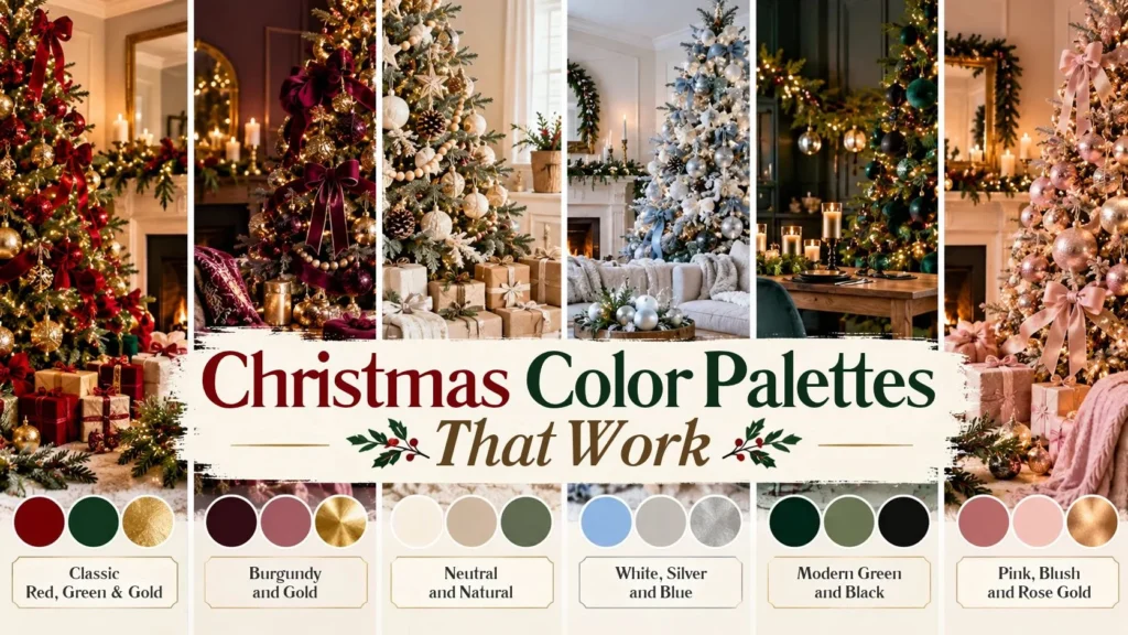 Six Christmas color palette ideas featuring classic red and green, burgundy and gold, natural neutrals, winter white and silver, deep green, and blush pink holiday decorations