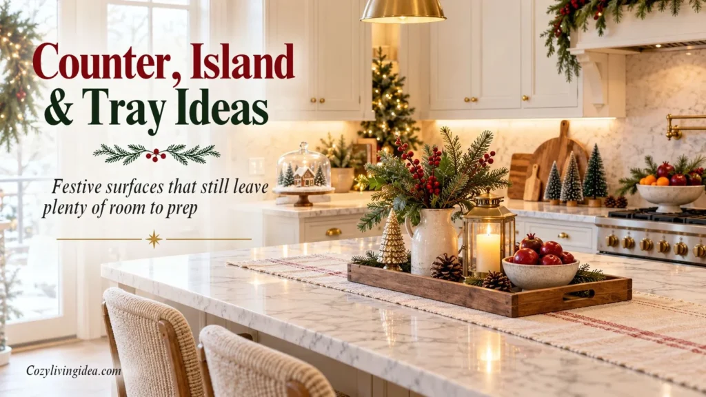 Christmas kitchen island with a festive tray, greenery, candle, red fruit and mini tree decorations