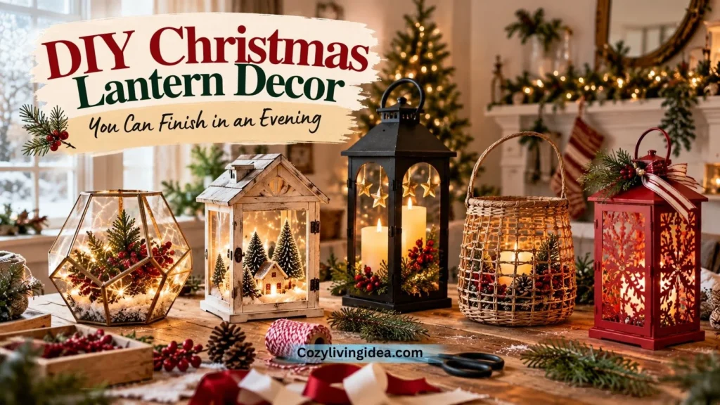 Five Christmas lantern designs in geometric glass, rustic wood, black metal, woven wicker, and red cutout styles displayed on a festive DIY craft table.
