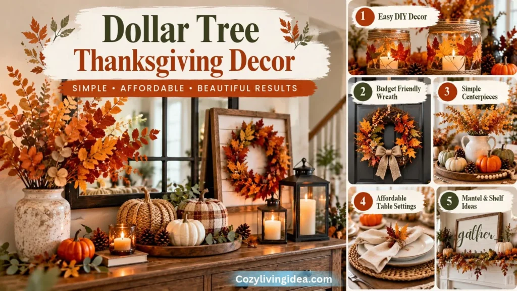 Dollar Tree Thanksgiving decor infographic featuring fall floral arrangements, velvet pumpkins, DIY candle jars, an autumn wreath, and budget-friendly centerpiece ideas