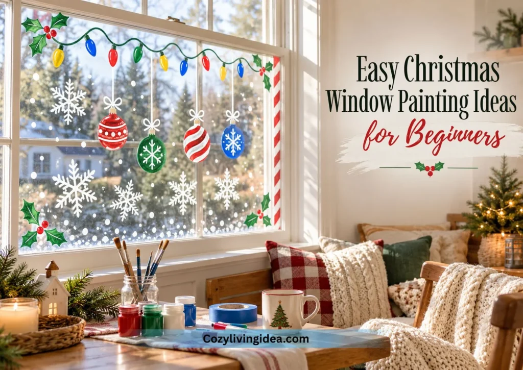 Easy Christmas window painting ideas featuring white snowflakes, colorful ornaments, painted string lights, holly decorations, and a candy cane border.