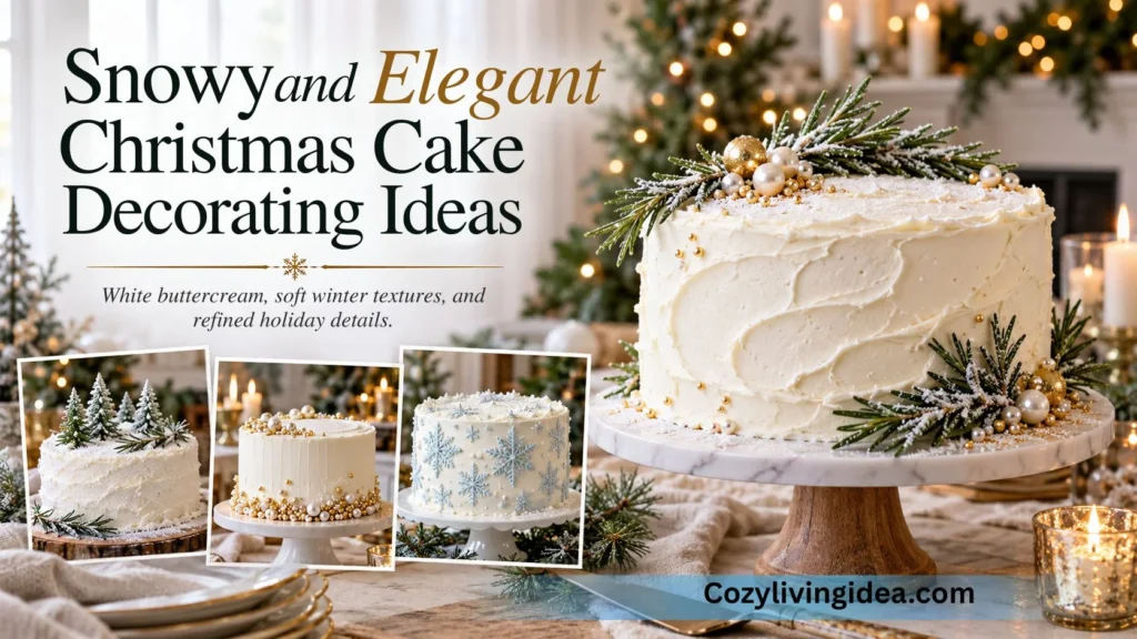 Snowy and elegant Christmas cake decorating ideas featuring a white buttercream cake with rosemary and gold pearls, alongside winter snowflake cake designs.