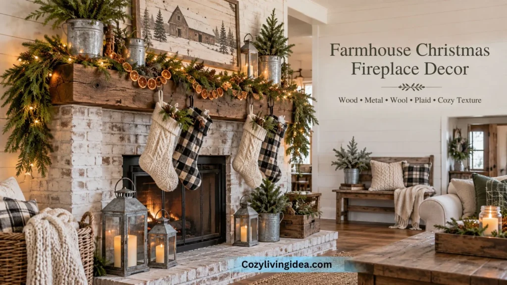 Farmhouse Christmas fireplace decor featuring a whitewashed brick fireplace, rustic wood mantel, evergreen garland, dried oranges, plaid stockings, and galvanized lanterns