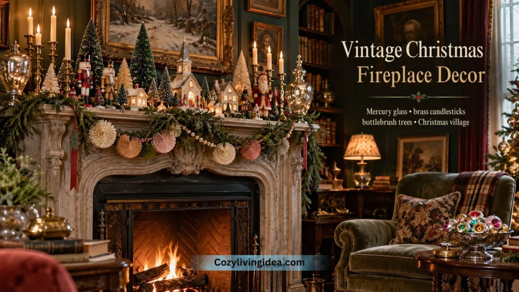 Vintage Christmas fireplace decor featuring an ornate mantel with brass candlesticks, mercury glass, bottlebrush trees, nutcrackers, a glowing Christmas village, and paper garlands
