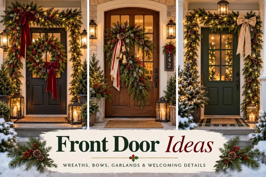Christmas front door decor ideas with wreaths, garlands, bows, bells and warm porch lighting