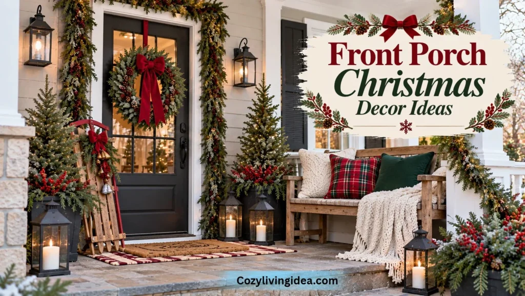 Cozy front porch Christmas decor featuring an evergreen door wreath with a red velvet bow, garlands, potted Christmas trees, rustic wooden bench, plaid pillows, and glowing lanterns