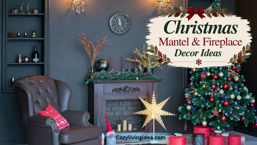 Christmas mantel and fireplace decor featuring evergreen garland, red taper candles, gold accents, a glowing decorative star, and a colorful Christmas tree beside a dark fireplace.