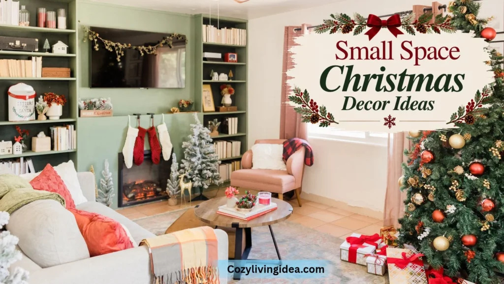 Small space Christmas decor in a cozy living room with a decorated Christmas tree, festive fireplace mantel, mini tabletop trees, built-in shelving, and holiday pillows.