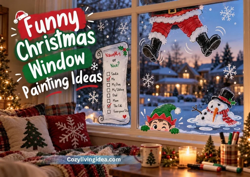 Funny Christmas window painting ideas featuring Santa stuck in the window frame, a melting snowman, a naughty-or-nice list, and a peeking elf.