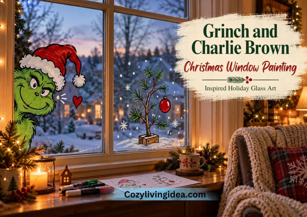 Grinch-inspired Christmas window painting with a mischievous green character in a Santa hat and a Charlie Brown-inspired sparse tree with one red ornament.