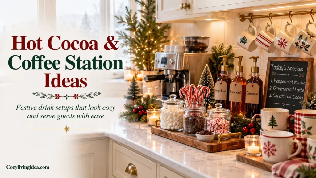 Christmas hot cocoa and coffee station with marshmallows, candy canes, festive mugs and flavored syrups