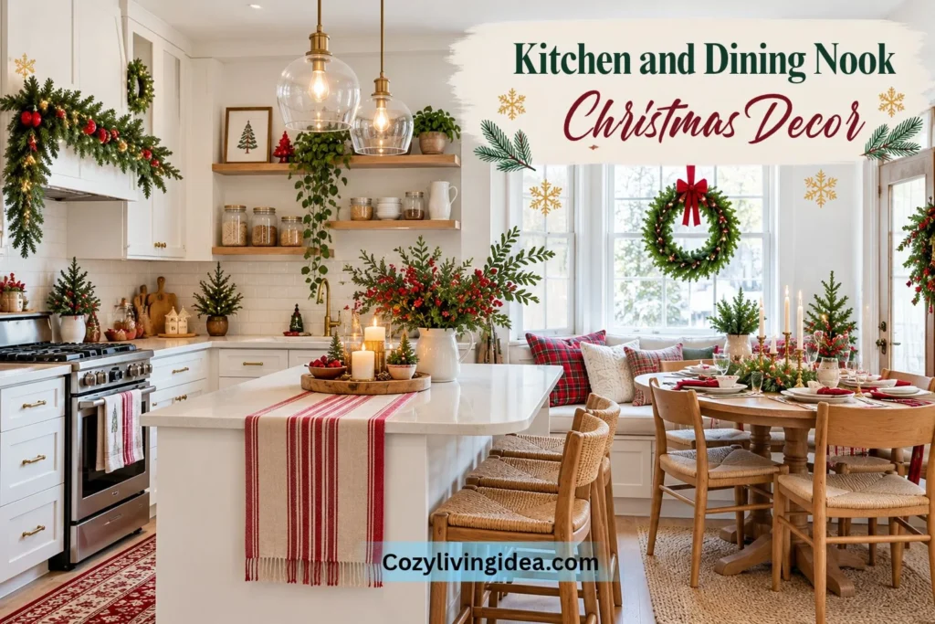 Small apartment kitchen and dining nook decorated for Christmas with garland, wreaths, a festive table, and red plaid accents