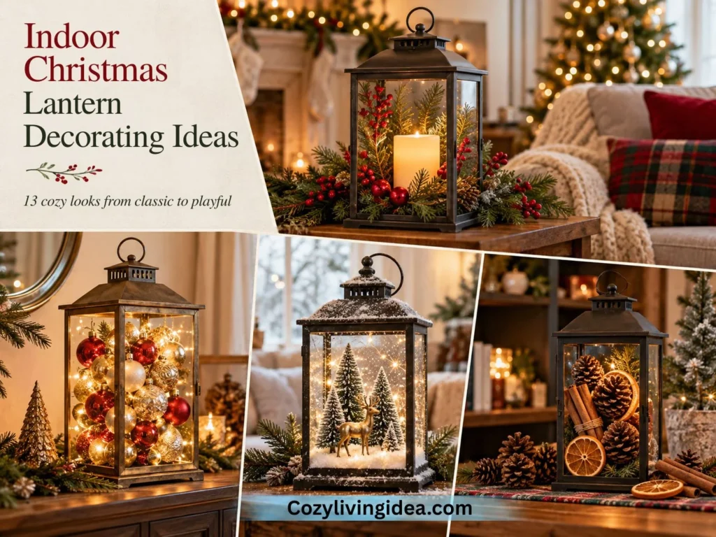 Collage of indoor Christmas lantern decorating ideas featuring evergreen and berry accents, red and gold ornaments, a snowy reindeer scene, and pinecones with dried oranges
