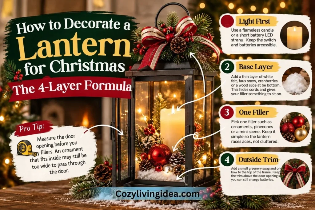 Christmas lantern decorating infographic showing four steps: flameless lighting, a base layer, one decorative filler, and an outside greenery swag with a bow.