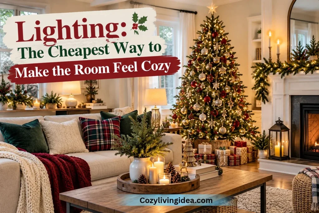 Cozy Christmas living room lighting with warm white tree lights, table lamps, candles and fireplace glow