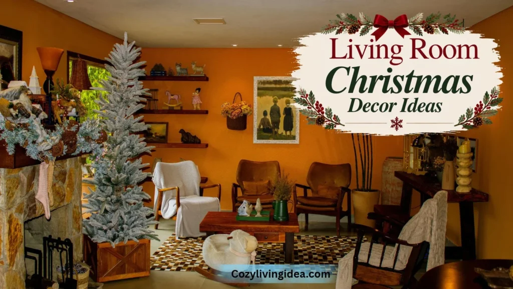 Cozy Christmas living room with a decorated tree, evergreen mantel garland, plaid and velvet pillows, chunky knit throws, and a festive coffee table centerpiece