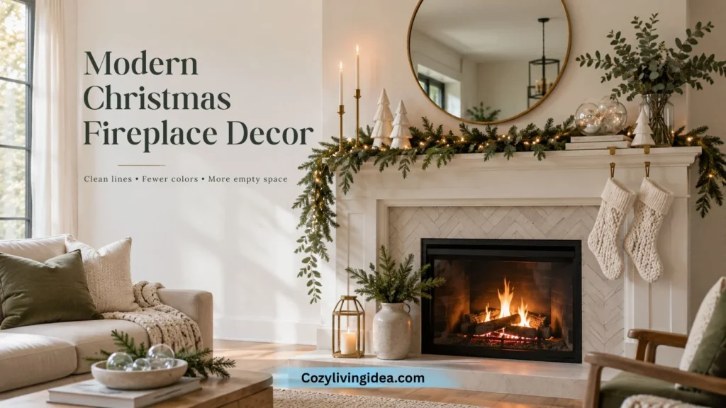 Modern Christmas fireplace decor featuring a round mirror, eucalyptus garland, white ceramic trees, brass candlesticks, and cream knit stockings