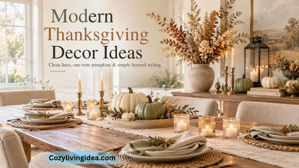 Modern Thanksgiving decor featuring a wooden dining table with cream and sage pumpkins, linen place settings, brass candlesticks, and a large dried floral arrangement