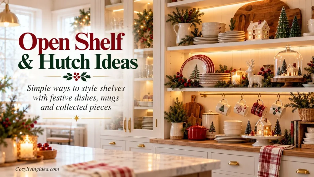 Christmas kitchen open shelves styled with festive dishes, hanging mugs, greenery and a mini village display
