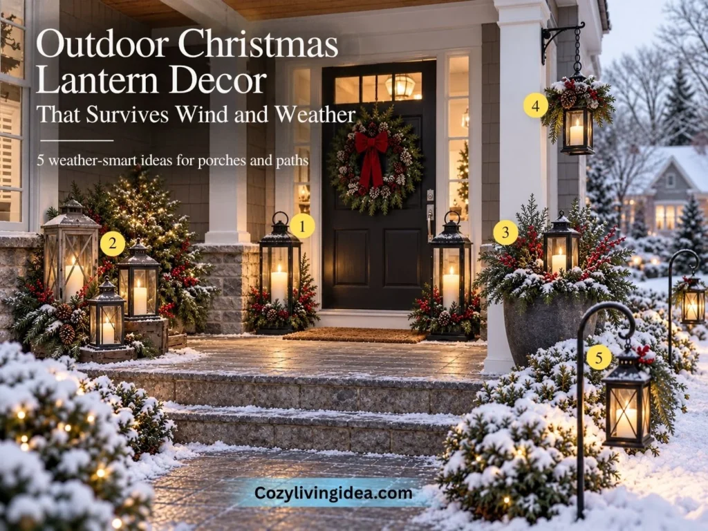 Snowy Christmas front porch showing five outdoor lantern decorating ideas, including matching door lanterns, a lantern trio, an evergreen planter display, a hanging lantern, and walkway lanterns