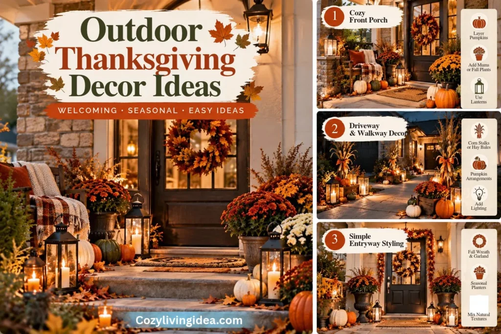 Outdoor Thanksgiving decor infographic showing a fall front porch with pumpkins, autumn wreaths, potted mums, lanterns, and seasonal entryway decorations