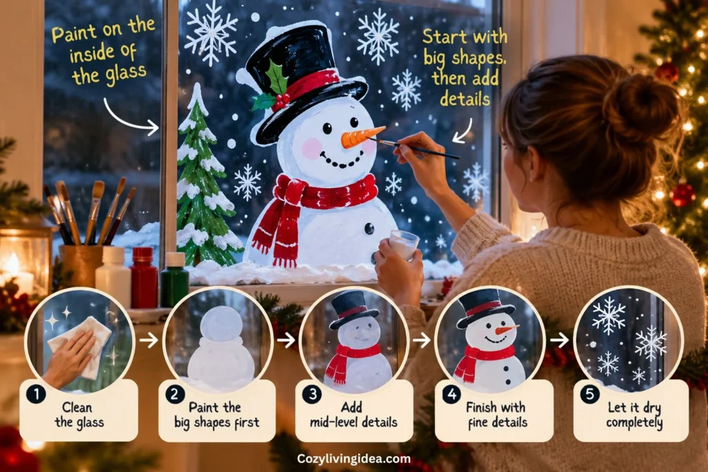 Person painting a Christmas snowman on the inside of a window, with five illustrated steps showing glass preparation, painting, and finishing details.