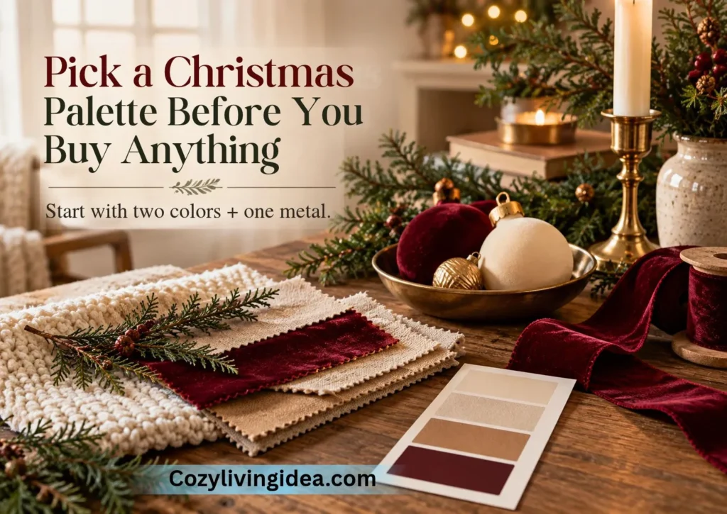 Christmas living room color palette with burgundy ribbon, cream textiles, brass accents and evergreen greenery