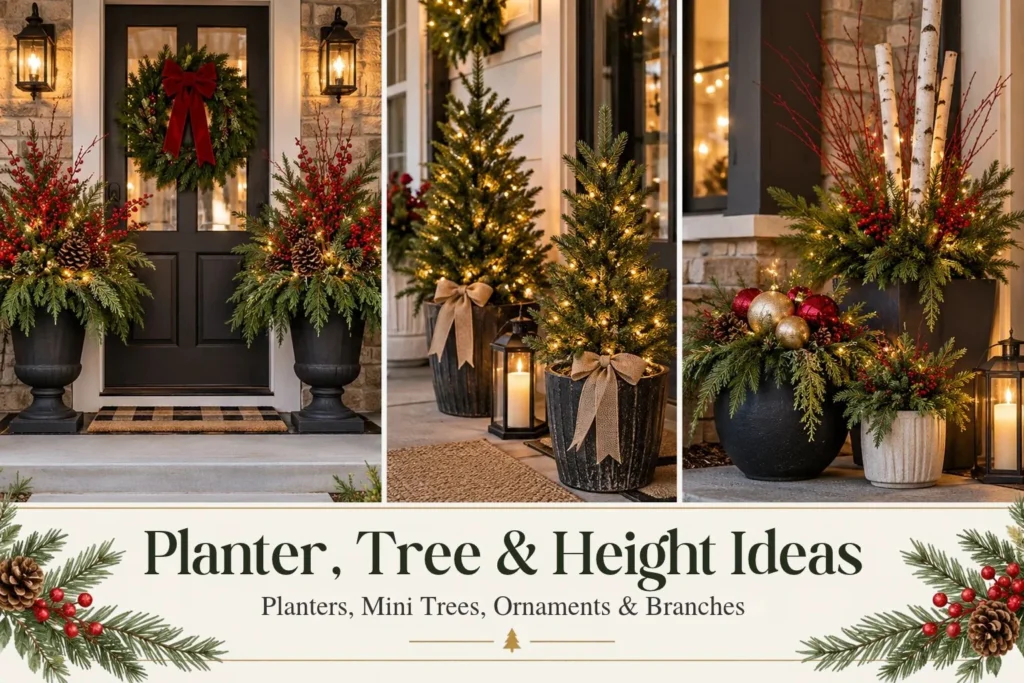 Christmas porch planter and mini tree ideas with evergreen branches, berries, birch poles and warm lights