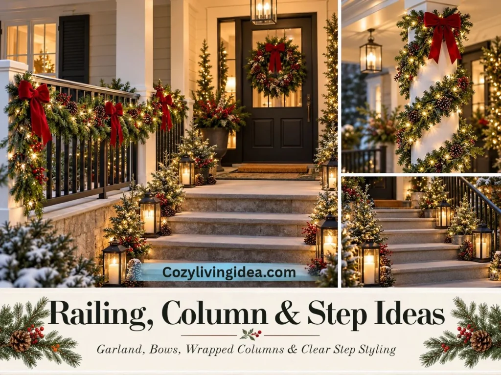 Christmas porch railing, column and step decor with garland, red bows, lanterns and small lit trees
