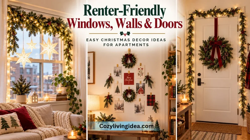 Renter-friendly Christmas decor with window lights, hanging paper stars, wall wreaths, and a decorated apartment door