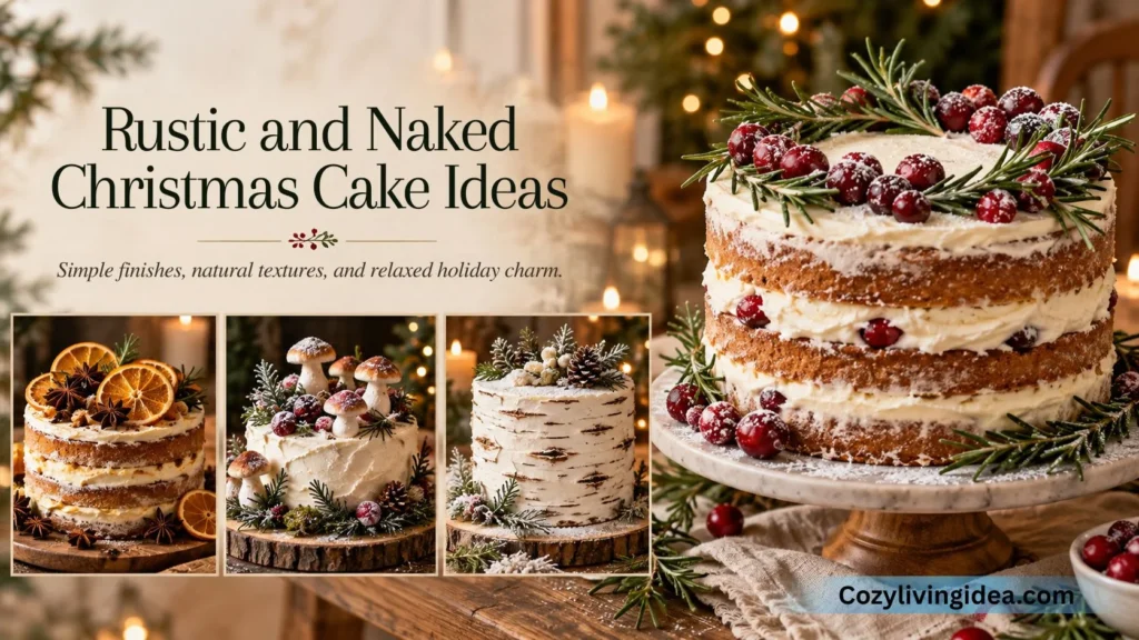 Rustic and naked Christmas cake decorating ideas featuring layered cakes with cranberries, rosemary, dried oranges, meringue mushrooms, and birch bark frosting