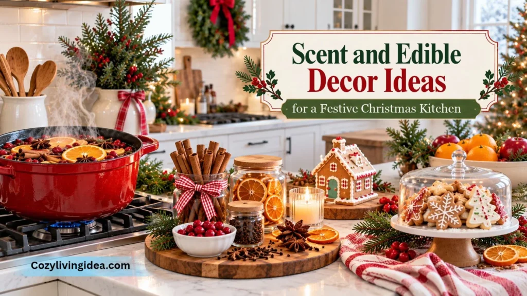 Christmas kitchen with a simmer pot, dried oranges, cinnamon sticks, gingerbread cookies and festive edible decor