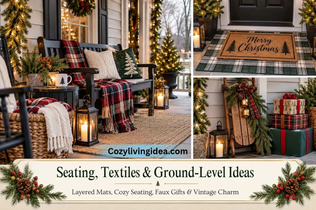 Christmas porch seating with plaid throws, layered doormats, lanterns, faux gifts and vintage sled decor