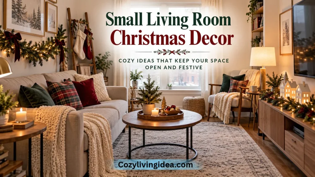 Small living room Christmas decor with festive pillows, garland, stockings, coffee table styling, and warm holiday lights