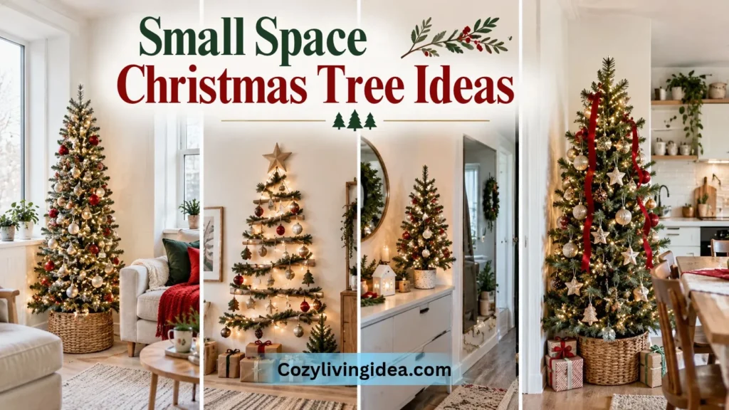 Small space Christmas tree ideas for an apartment, including a slim tree, wall-mounted tree, and tabletop tree