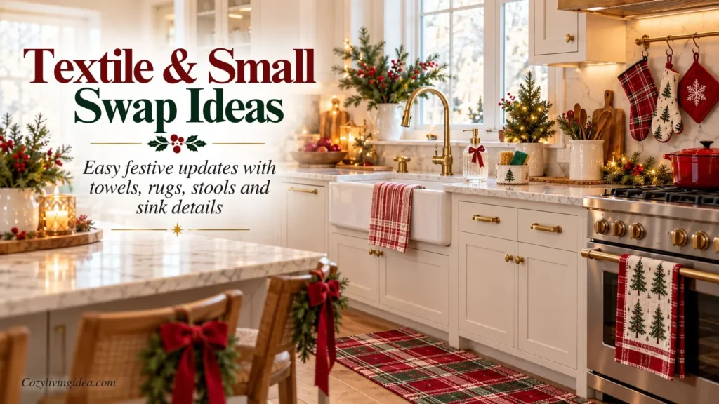 Christmas kitchen with festive dish towels, plaid rug, oven mitts, decorated barstools and holiday sink accessories