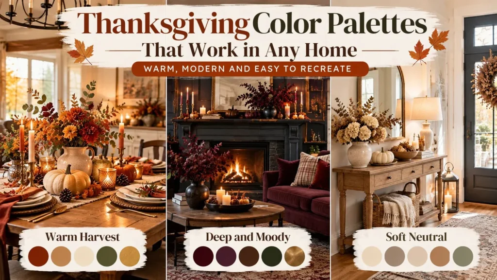 Three Thanksgiving decor color palettes showing warm harvest rust and olive, deep moody burgundy and forest green, and soft neutral cream and sage interiors