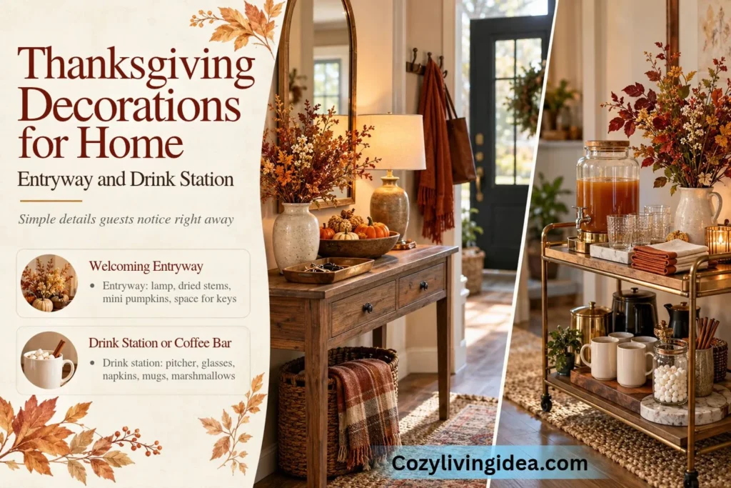 Thanksgiving entryway decor and drink station infographic showing a wooden console with fall stems, mini pumpkins and a lamp beside a seasonal beverage cart with glasses, mugs and autumn accents