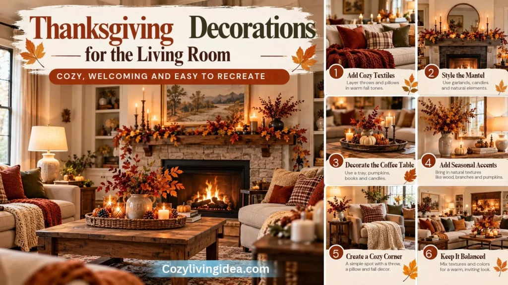 Thanksgiving living room decor infographic featuring a cozy sofa with fall pillows, a decorated mantel, tray-styled coffee table, pumpkins, and warm lighting