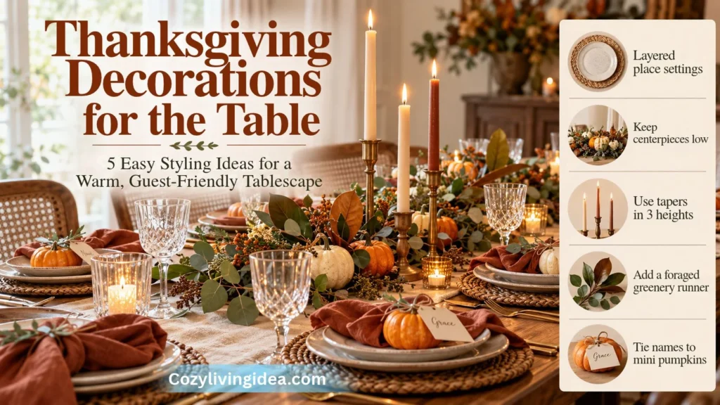 Thanksgiving table decor ideas featuring layered place settings, a low pumpkin centerpiece, taper candles, a greenery runner, and mini pumpkin place cards