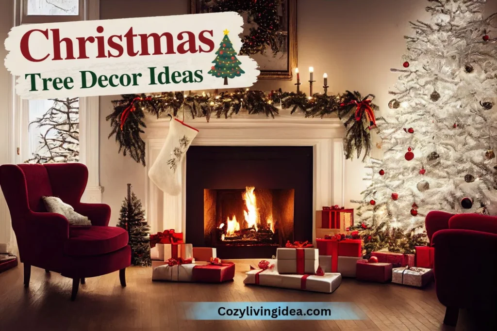 Christmas living room with a flocked white tree decorated with red ornaments, wrapped presents and a fireplace with evergreen garland